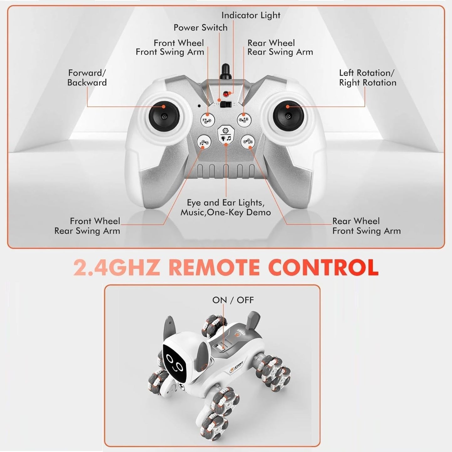 Smart RC Stunt Robot Dog – Gesture Control, Omni-Wheel 360° Drift Toy with Lights & Music
