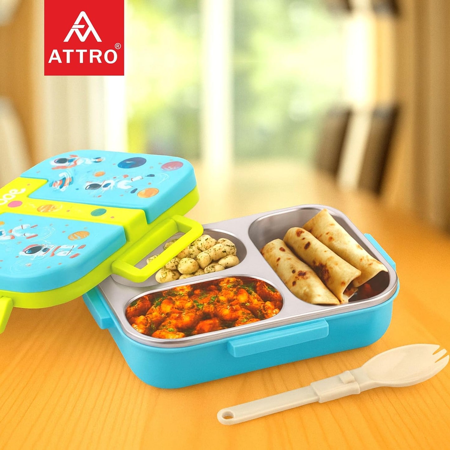 Kids Stainless Steel Lunch Box | 3-Compartment Leakproof Tiffin with Spoon & Cute Design