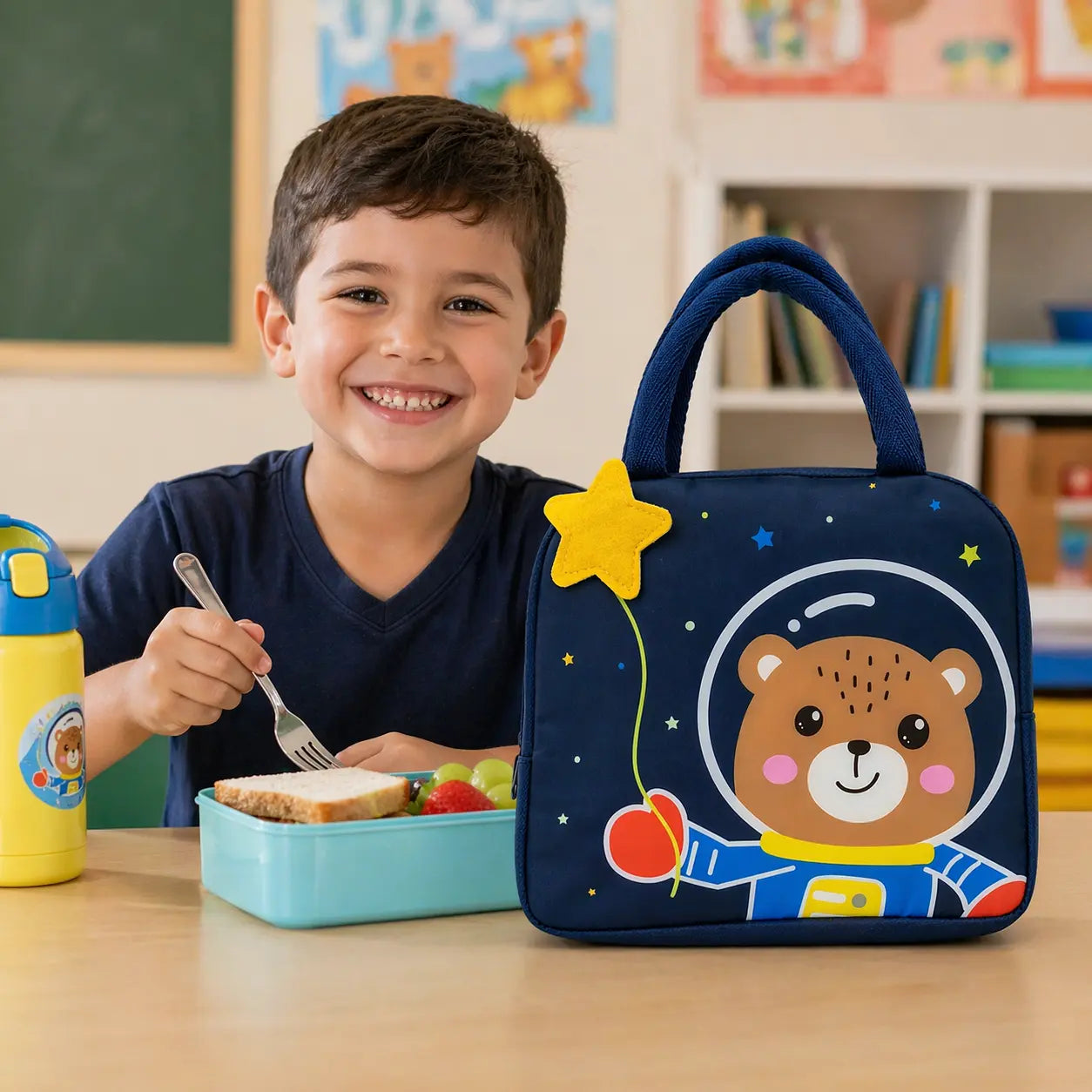 Kids Insulated Lunch Bag with Cute Astronaut Bear Design โ Waterproof, Lightweight, Durable Lunch Bag for School Boys & Girls (23x20x6 cm)