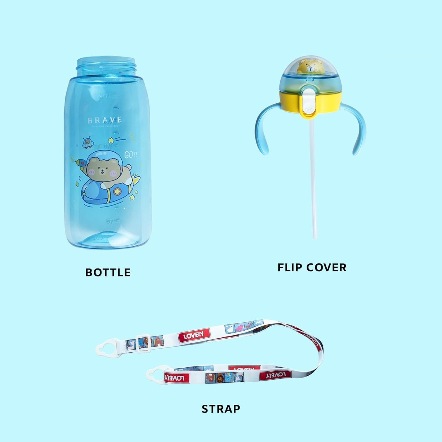 Teddu (550ml) Cute BPA FRee Water Bottle with 2 Side Handles, Strap & Straw Lid-Blue