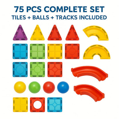 Magnetic Tiles Building Blocks Set | 75 PCS STEM Learning Construction Toy with Rolling Ball Track