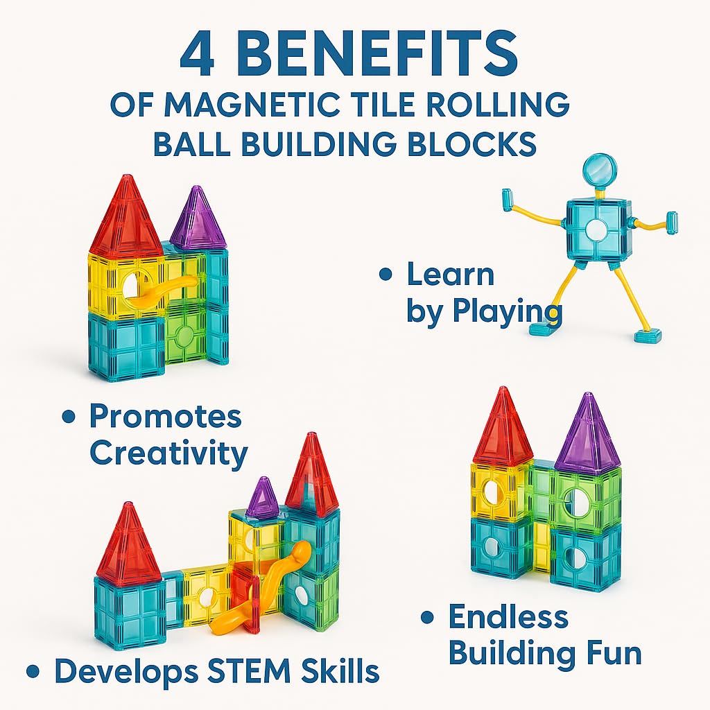 Magnetic Tiles Building Blocks Set | 75 PCS STEM Learning Construction Toy with Rolling Ball Track