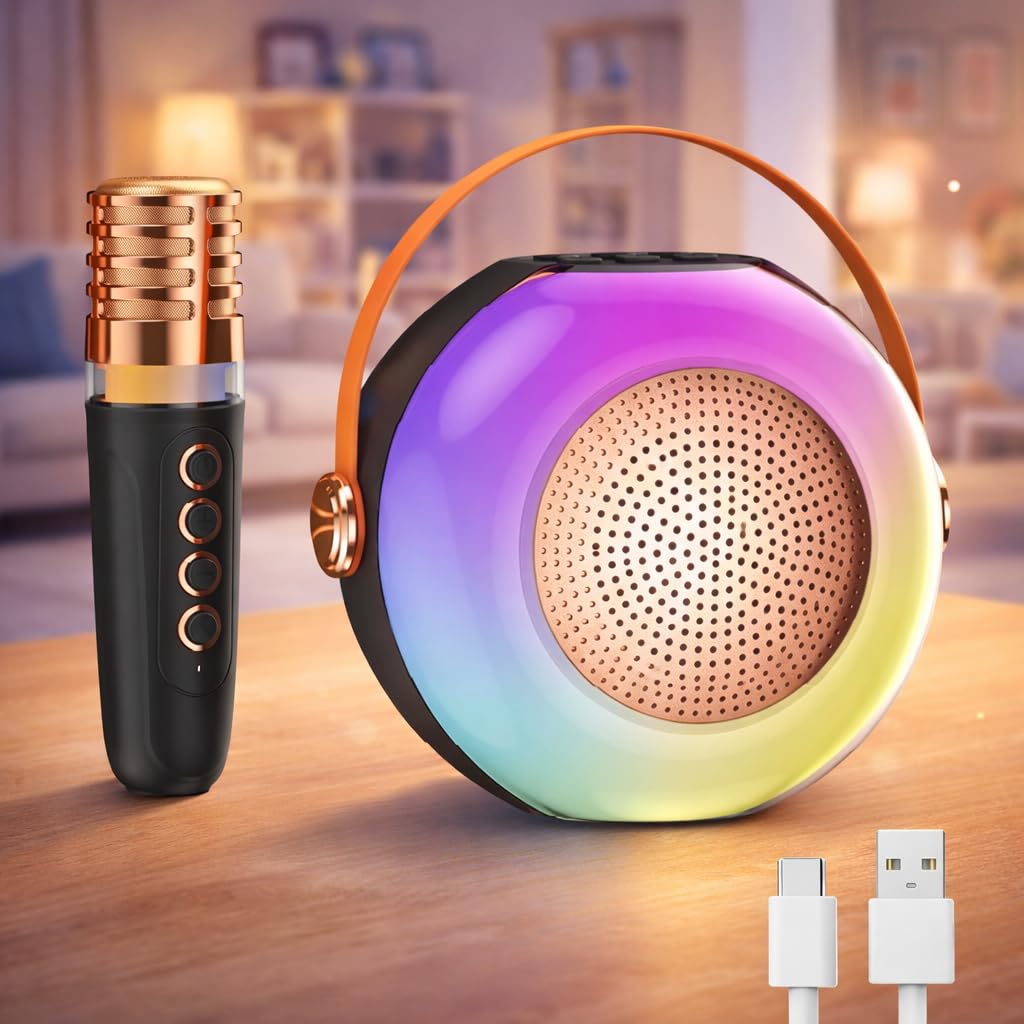 Wireless Karaoke Microphone with RGB Speaker | Portable Bluetooth Singing Mic with LED Lights & Rechargeable Battery