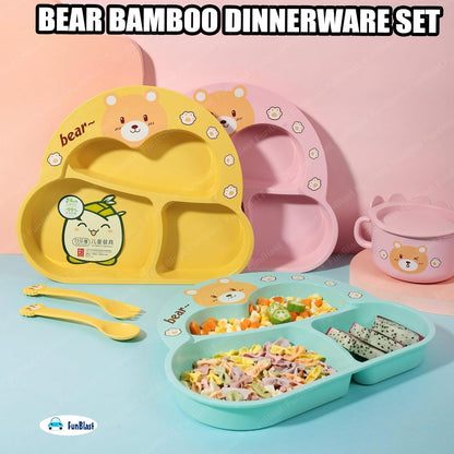 Cute Bear Kids Dinner Plate Set with Spoon, Fork & Chopsticks – Cartoon Divided Meal Tray