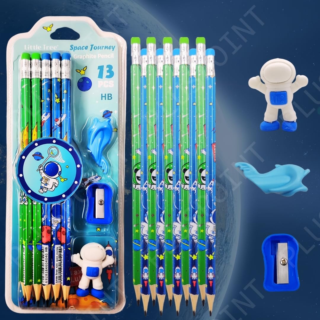 Space Theme Pencil Set for Kids | 13 PCS HB Graphite Pencils with Eraser, Sharpener & Accessories