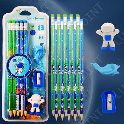 Space Theme Pencil Set for Kids | 13 PCS HB Graphite Pencils with Eraser, Sharpener & Accessories