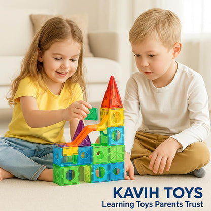 Magnetic Tiles Building Blocks Set | 75 PCS STEM Learning Construction Toy with Rolling Ball Track