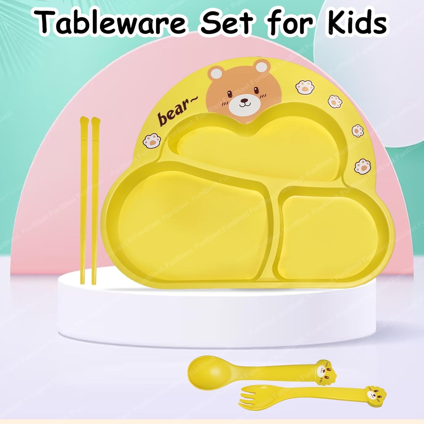 Cute Bear Kids Dinner Plate Set with Spoon, Fork & Chopsticks – Cartoon Divided Meal Tray