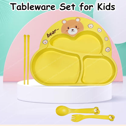 Cute Bear Kids Dinner Plate Set with Spoon, Fork & Chopsticks – Cartoon Divided Meal Tray