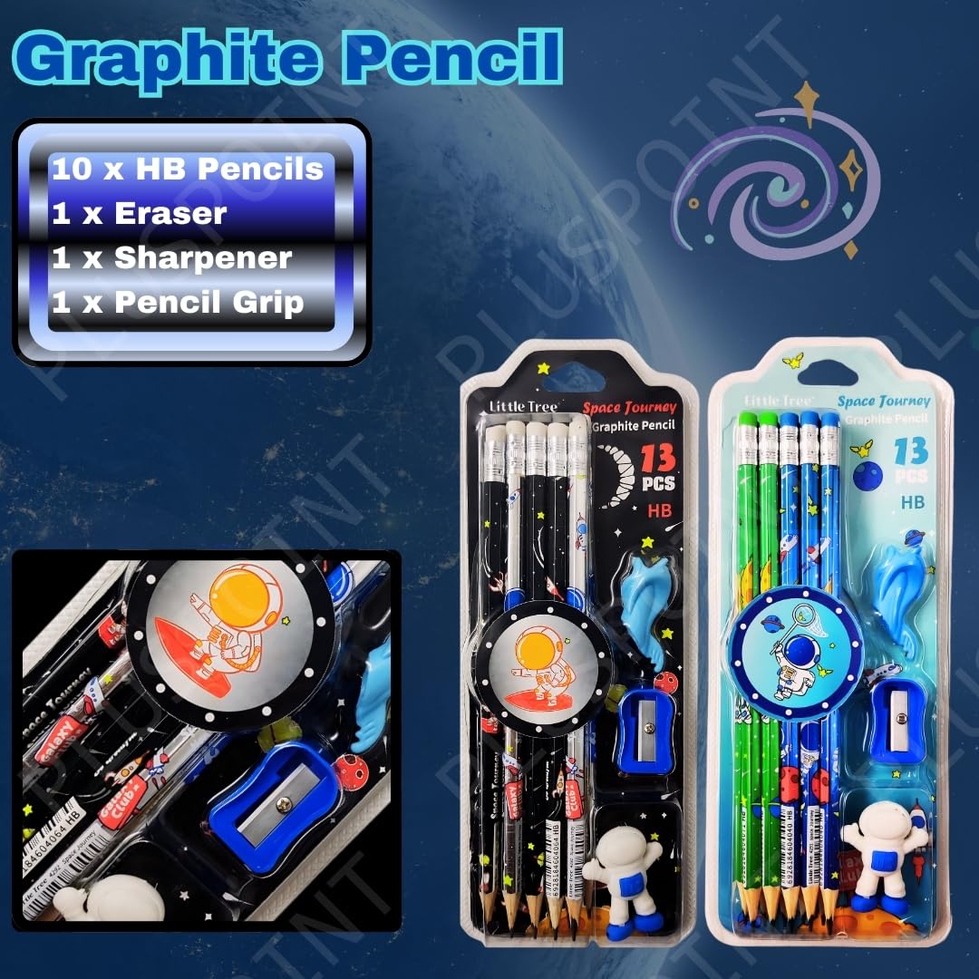 Space Theme Pencil Set for Kids | 13 PCS HB Graphite Pencils with Eraser, Sharpener & Accessories