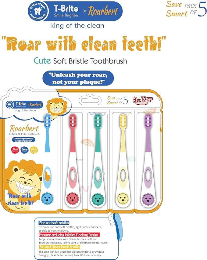 Kids (3-6 Years) Soft Bristle Toothbrush Set (Pack of 5) – Cartoon Grip Handle & Gentle Cleaning