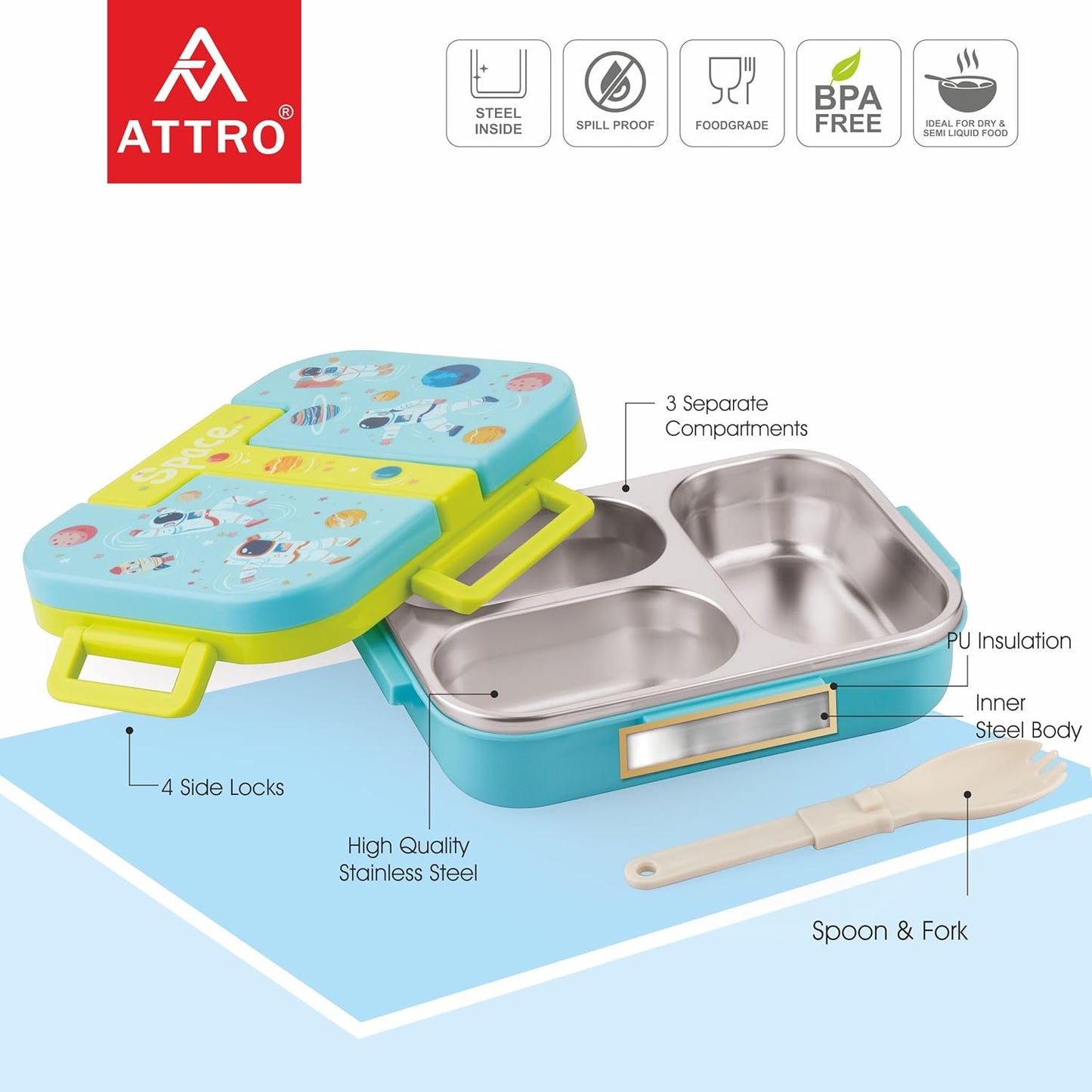 Kids Stainless Steel Lunch Box | 3-Compartment Leakproof Tiffin with Spoon & Cute Design
