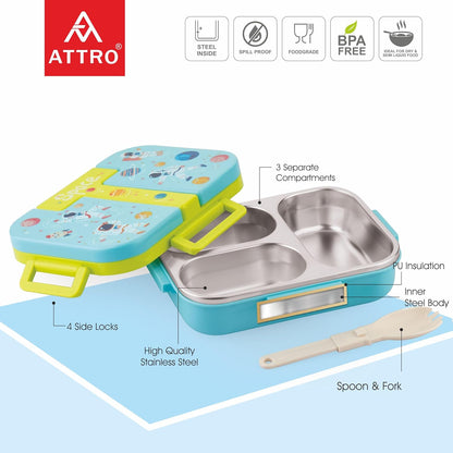 Kids Stainless Steel Lunch Box | 3-Compartment Leakproof Tiffin with Spoon & Cute Design