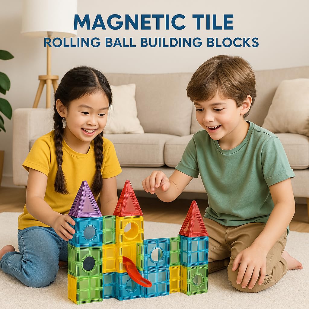 Magnetic Tiles Building Blocks Set | 75 PCS STEM Learning Construction Toy with Rolling Ball Track