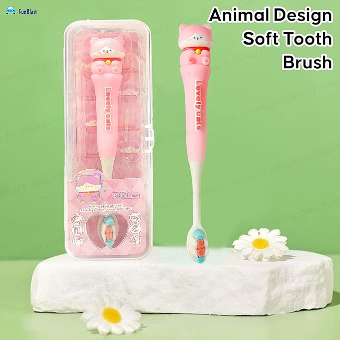 Cute Cat Kids (3-6 Years) Toothbrush (Pink) with Case – Ultra Soft Bristles & Travel-Friendly Design