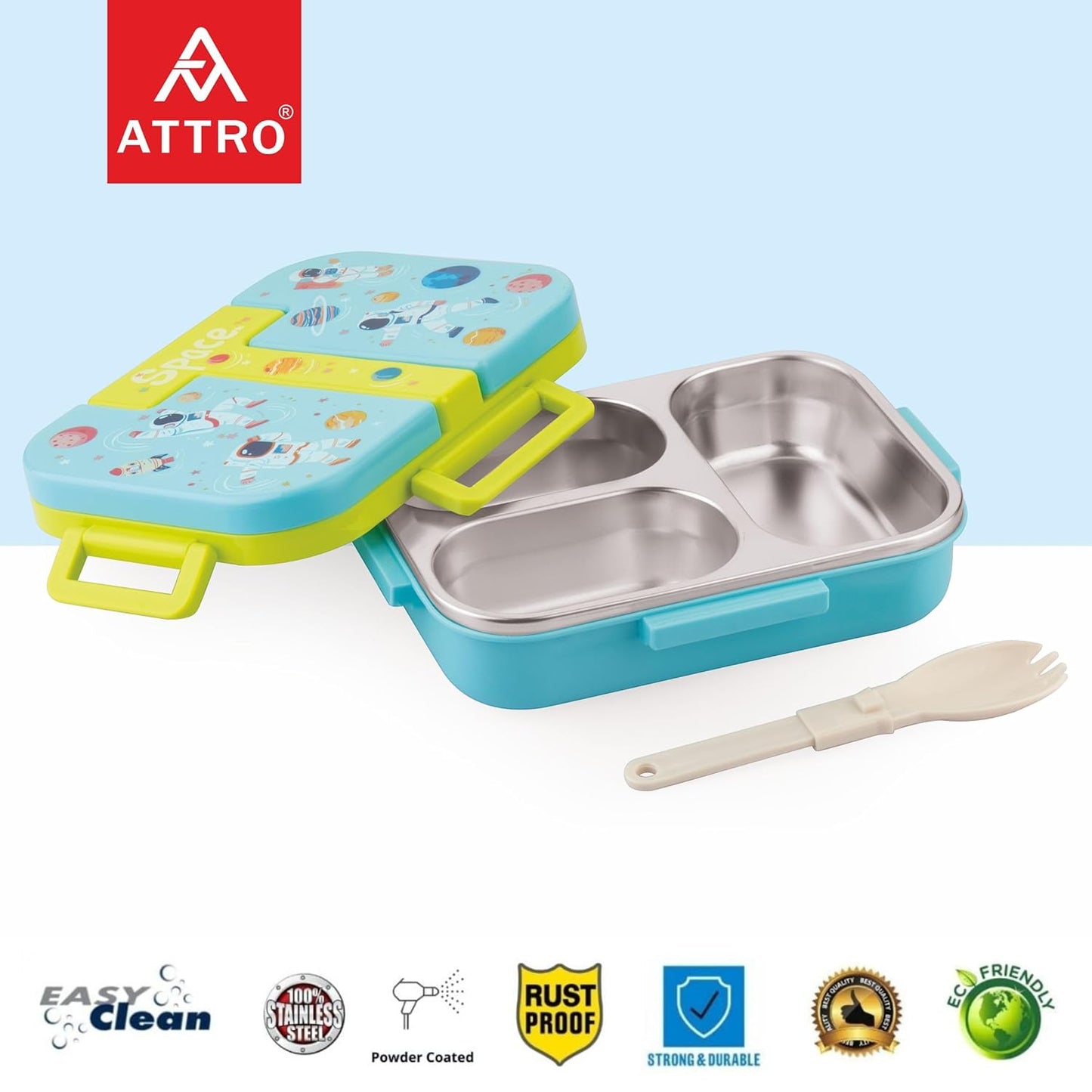 Kids Stainless Steel Lunch Box | 3-Compartment Leakproof Tiffin with Spoon & Cute Design