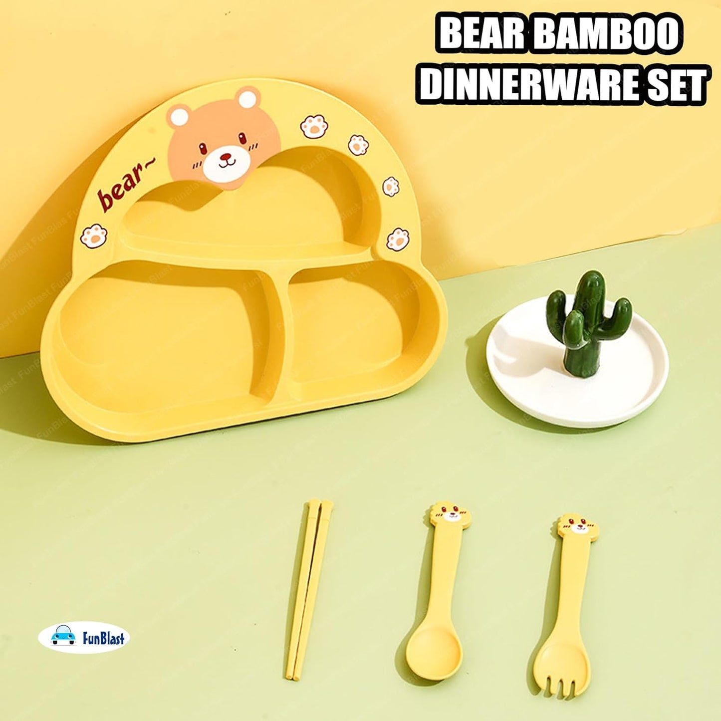Cute Bear Kids Dinner Plate Set with Spoon, Fork & Chopsticks – Cartoon Divided Meal Tray