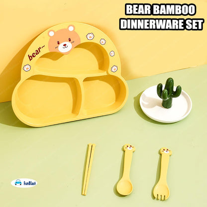 Cute Bear Kids Dinner Plate Set with Spoon, Fork & Chopsticks – Cartoon Divided Meal Tray