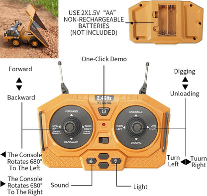 Remote Control Dump Truck | Heavy Duty RC Construction Truck with Lights, Sound & Rechargeable Battery