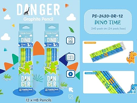 Dino Theme Graphite Pencil Set (Pack of 12) – HB Writing Pencils for Kids & School Use