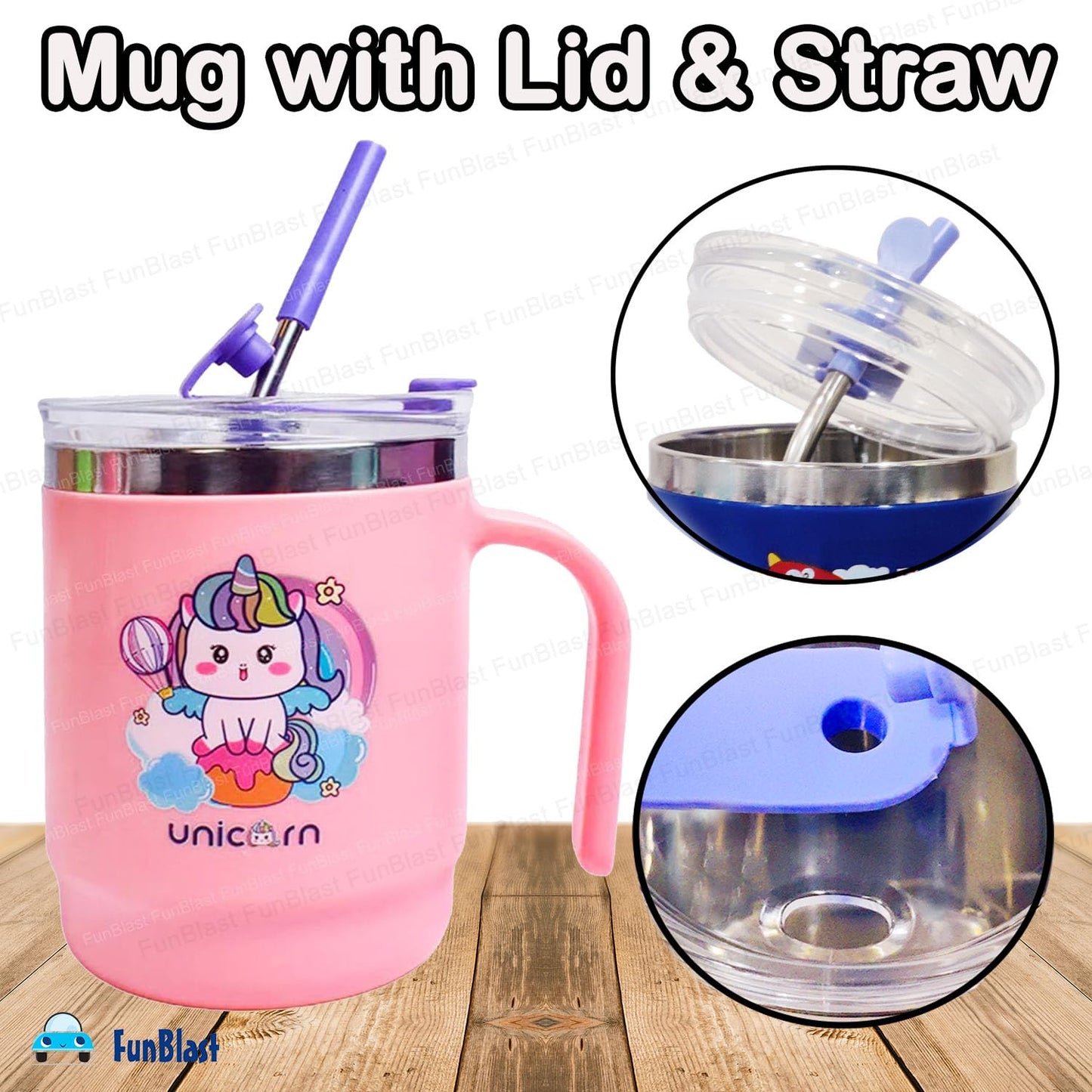 Unicorn Kids Insulated Mug with Straw | Leakproof Stainless Steel Cup with Handle