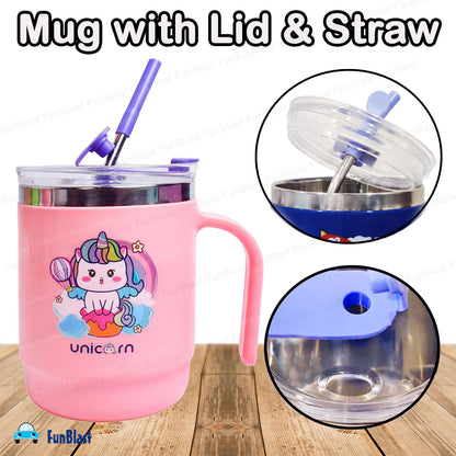 Unicorn Kids Insulated Mug with Straw | Leakproof Stainless Steel Cup with Handle