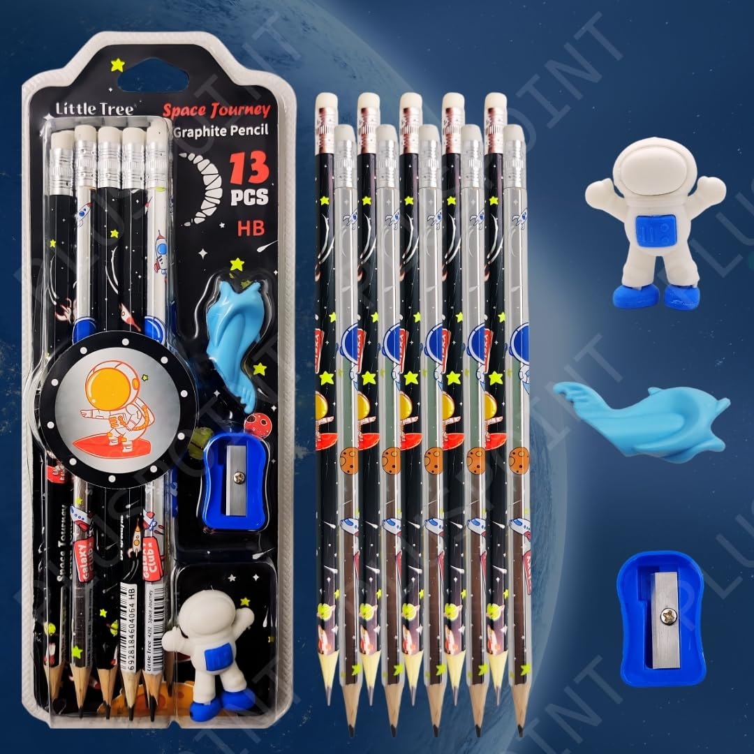 Space Theme Pencil Set for Kids | 13 PCS HB Graphite Pencils with Eraser, Sharpener & Accessories