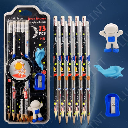 Space Theme Pencil Set for Kids | 13 PCS HB Graphite Pencils with Eraser, Sharpener & Accessories