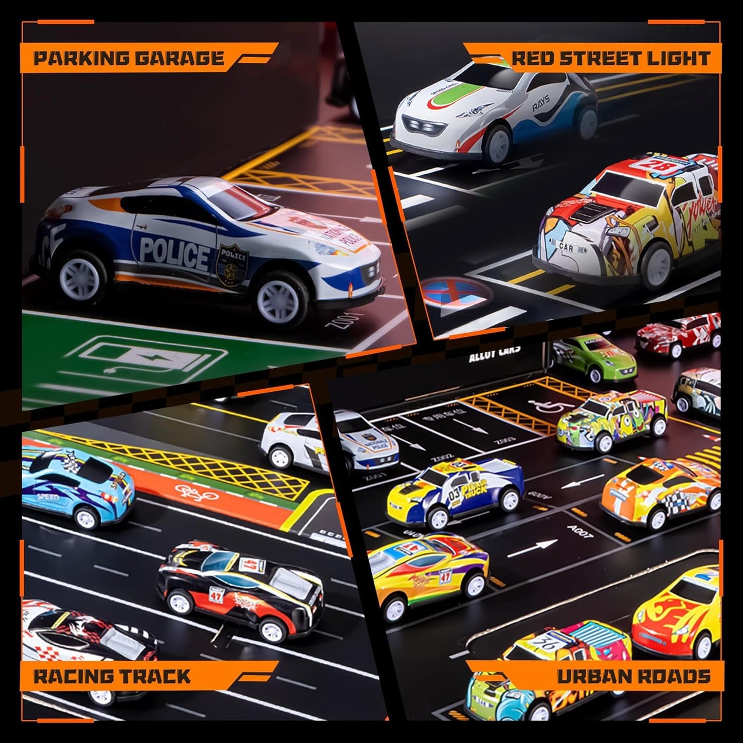 48 PCS Die-Cast Toy Car Set with Parking Garage & Play Mat – Kids Racing Playset