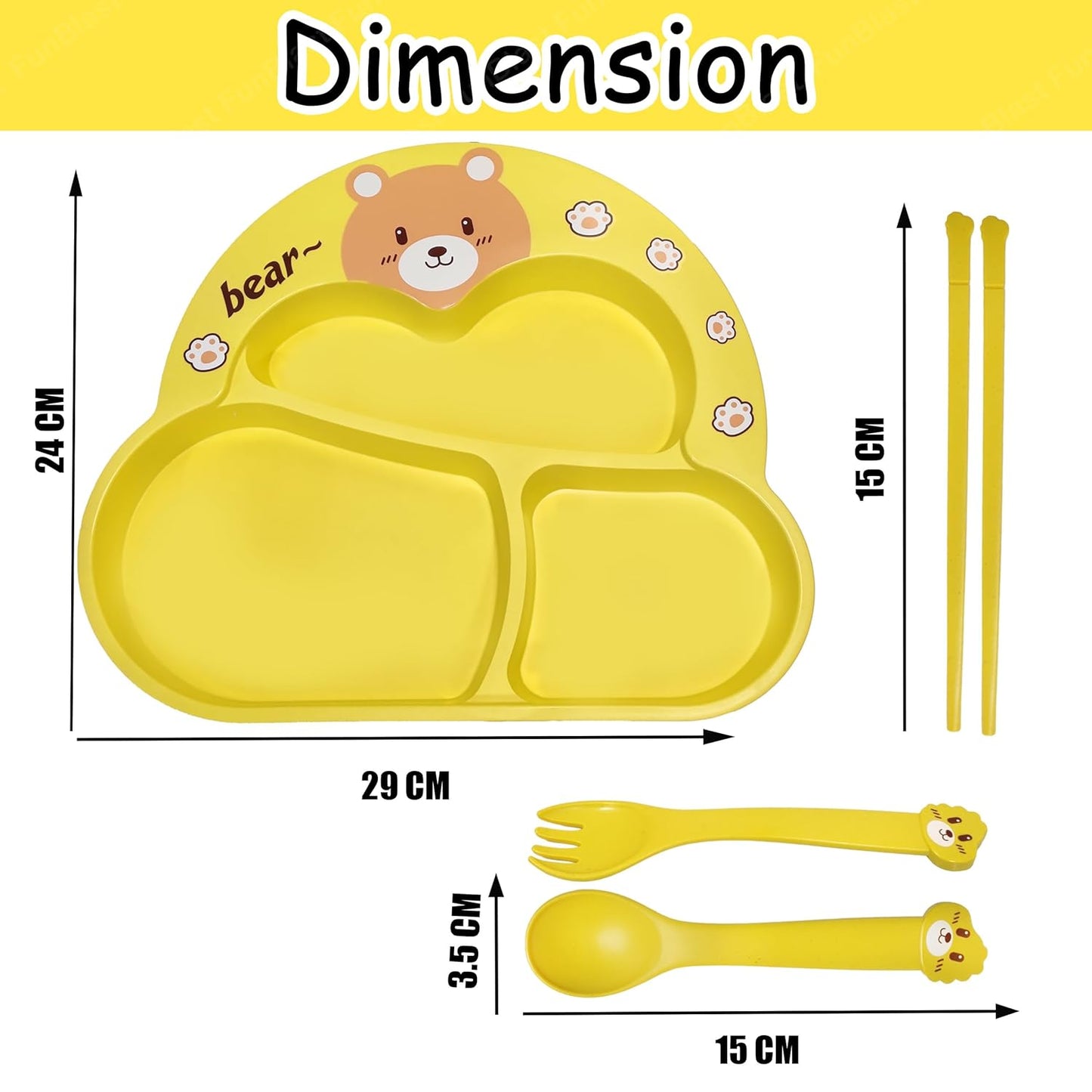 Cute Bear Kids Dinner Plate Set with Spoon, Fork & Chopsticks – Cartoon Divided Meal Tray