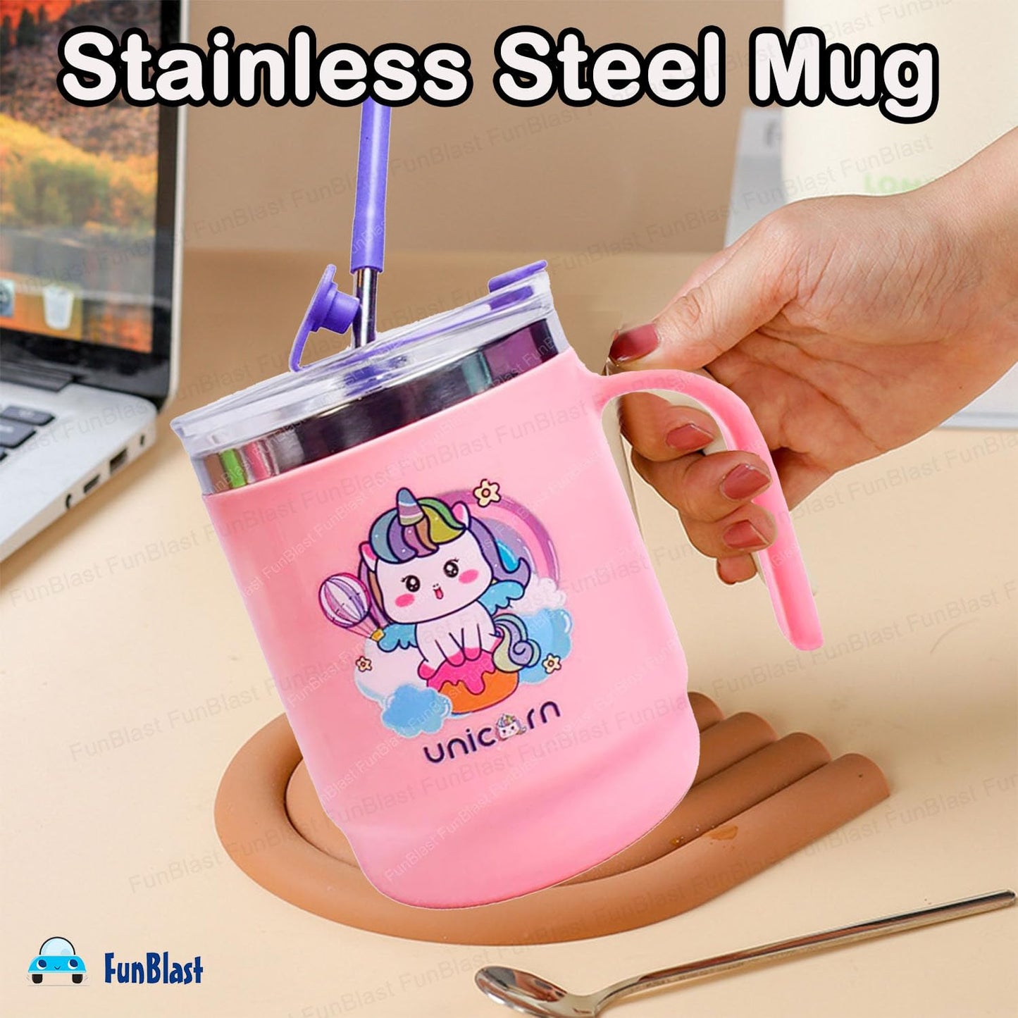 Unicorn Kids Insulated Mug with Straw | Leakproof Stainless Steel Cup with Handle