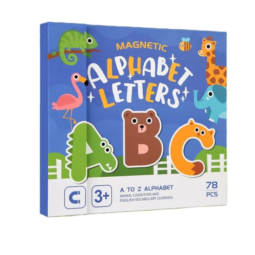 78 Pieces Magnetic Alphabet Letters, A-Z Animal Learning Set with Magnetic Board & Spelling Guide with Uppercase & Lowercase ABC Letters for Kids, Educational Toy for Boys & Girls (3-6 Years)