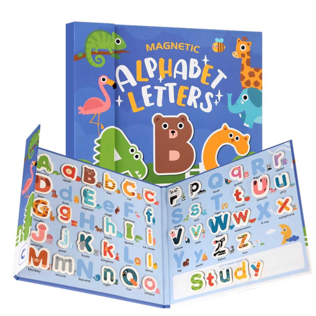 78 Pieces Magnetic Alphabet Letters, A-Z Animal Learning Set with Magnetic Board & Spelling Guide with Uppercase & Lowercase ABC Letters for Kids, Educational Toy for Boys & Girls (3-6 Years)