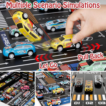 48 PCS Die-Cast Toy Car Set with Parking Garage & Play Mat – Kids Racing Playset