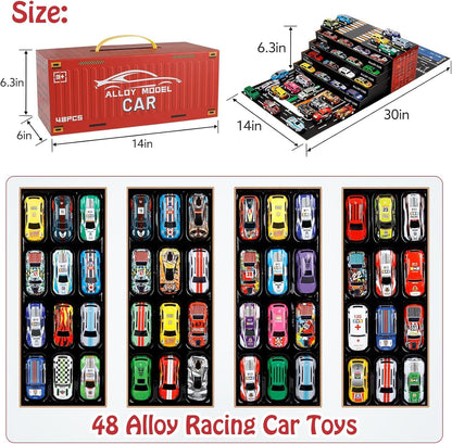 48 PCS Die-Cast Toy Car Set with Parking Garage & Play Mat – Kids Racing Playset