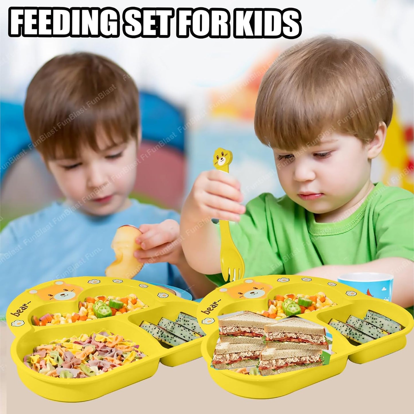 Cute Bear Kids Dinner Plate Set with Spoon, Fork & Chopsticks – Cartoon Divided Meal Tray