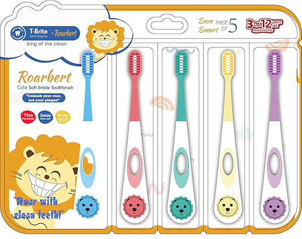 Kids (3-6 Years) Soft Bristle Toothbrush Set (Pack of 5) – Cartoon Grip Handle & Gentle Cleaning