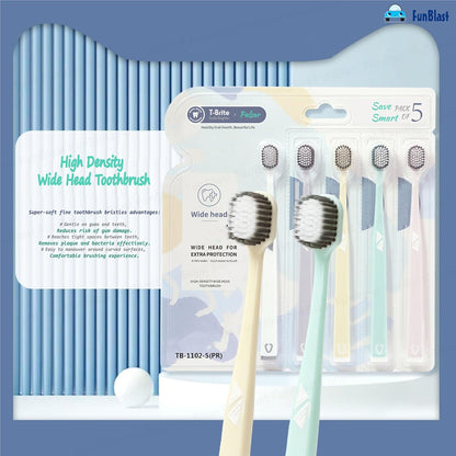 Adults Premium Charcoal Toothbrush Set (Pack of 5) – Soft Bristles Multi-Color Toothbrushes for Deep Cleaning