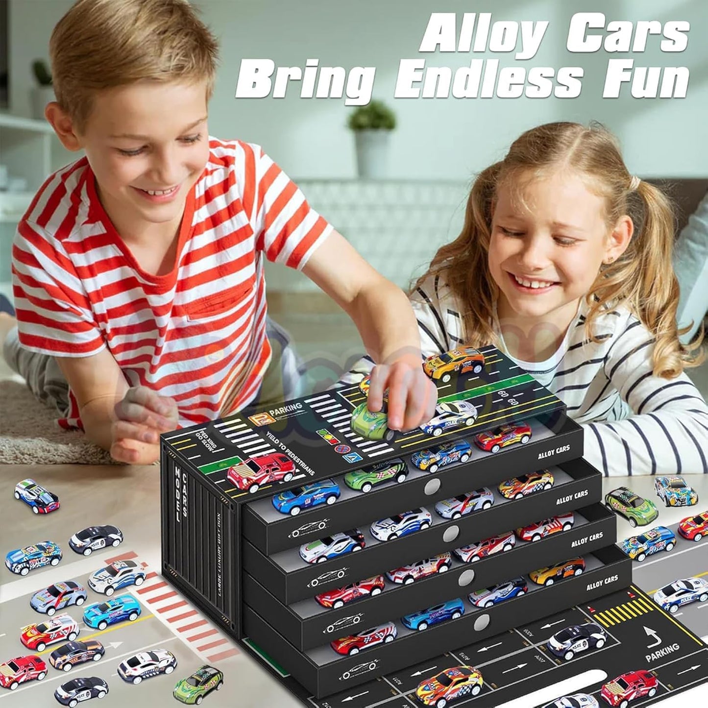 48 PCS Die-Cast Toy Car Set with Parking Garage & Play Mat – Kids Racing Playset