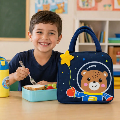 Kids Insulated Lunch Bag with Cute Astronaut Bear Design – Waterproof, Lightweight, Durable Lunch Bag for School Boys & Girls (23x20x6 cm)