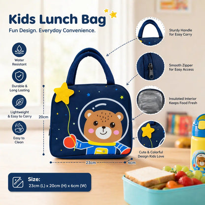 Kids Insulated Lunch Bag with Cute Astronaut Bear Design – Waterproof, Lightweight, Durable Lunch Bag for School Boys & Girls (23x20x6 cm)