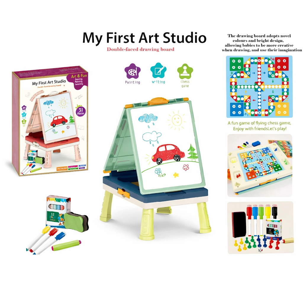 My First Art Studio Double-Sided Drawing Board for Kids | 3-in-1 Painting, Writing & Chess Game Set