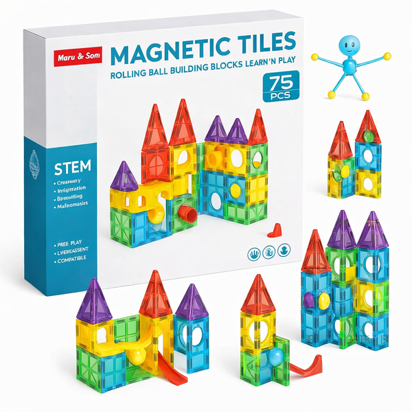 Magnetic Tiles Building Blocks Set | 75 PCS STEM Learning Construction Toy with Rolling Ball Track