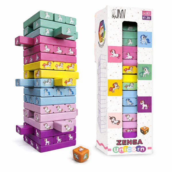Unicorn Wooden Stacking Game | Colorful Zenga Tower Blocks with Dice for Kids & Family Fun