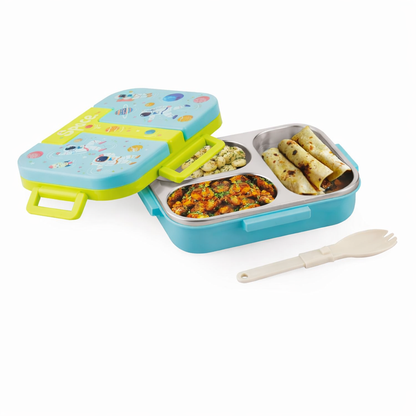 Kids Stainless Steel Lunch Box | 3-Compartment Leakproof Tiffin with Spoon & Cute Design