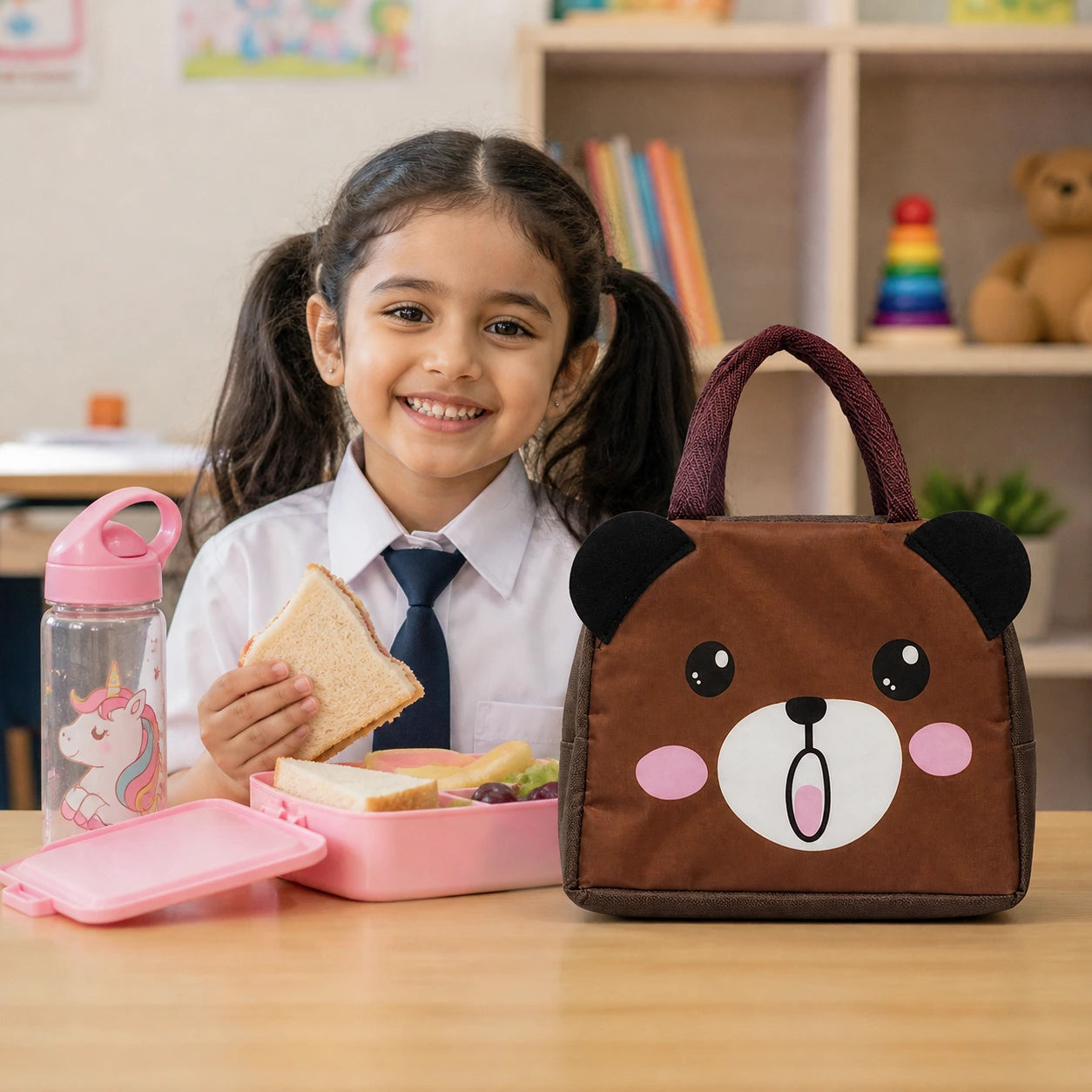 Kids Insulated Lunch Bag with Cute Brown Bear Design – Waterproof, Lightweight, Durable Lunch Bag for School Boys & Girls (23x20x6 cm)