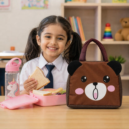 Kids Insulated Lunch Bag with Cute Brown Bear Design – Waterproof, Lightweight, Durable Lunch Bag for School Boys & Girls (23x20x6 cm)