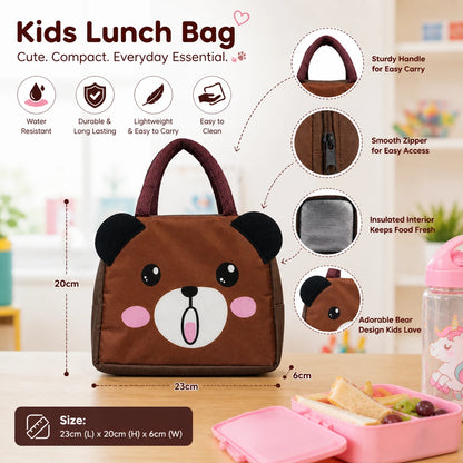 Kids Insulated Lunch Bag with Cute Brown Bear Design – Waterproof, Lightweight, Durable Lunch Bag for School Boys & Girls (23x20x6 cm)