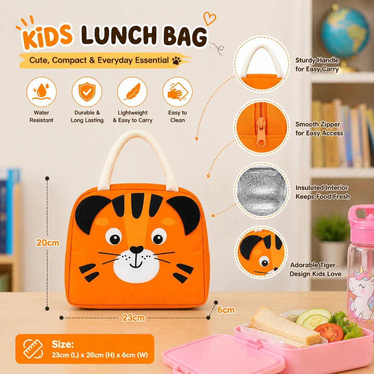 Kids Insulated Lunch Bag with Cute Tiger Design – Waterproof, Lightweight, Durable Lunch Bag for School Boys & Girls (23x20x6 cm)