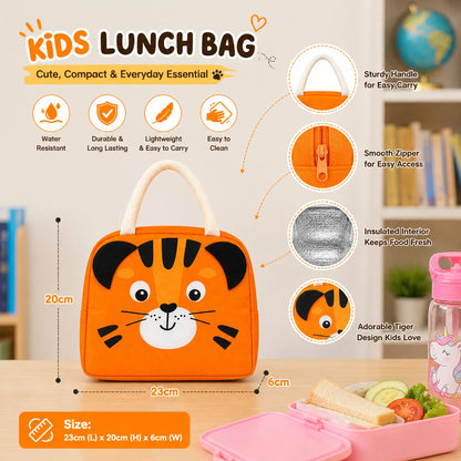 Kids Insulated Lunch Bag with Cute Tiger Design – Waterproof, Lightweight, Durable Lunch Bag for School Boys & Girls (23x20x6 cm)